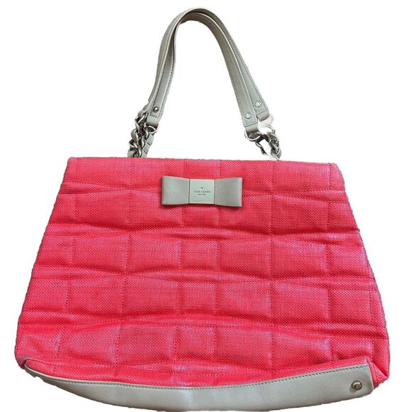 Kate Spade New York Pink Raffia Tote with Light Gray Leather Trim